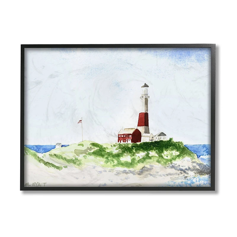 Stupell Industries Red Striped Lighthouse on Coastal Cliff in Frame Wall Art