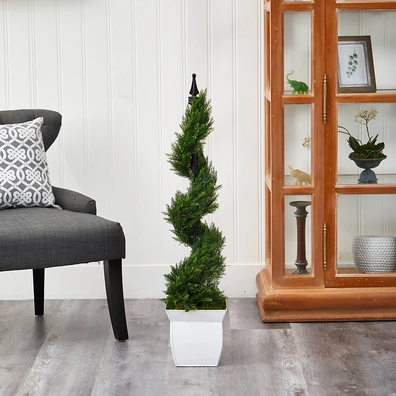 4ft. Spiral Cypress Topiary in White Metal Planter