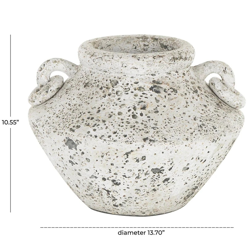 14" White Antique-Style Textured Ceramic Vase with Ring Handles