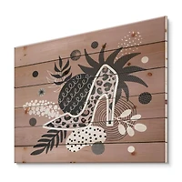Designart - Leopard High-Heeled Shoes Tropical Leaves - Modern Print on Natural Pine Wood