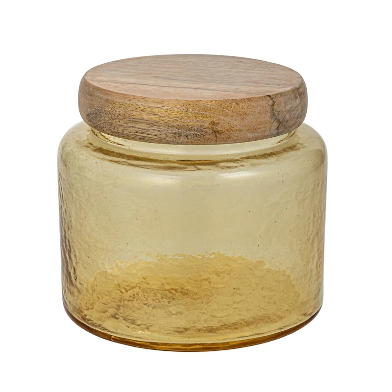 Hello Honey® Yellow & Whitewash Hammered Glass Jar with Mango Wood Lid