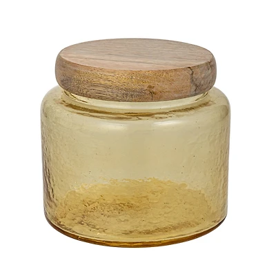 Hello Honey® Yellow & Whitewash Hammered Glass Jar with Mango Wood Lid