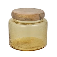 Hello Honey® Yellow & Whitewash Hammered Glass Jar with Mango Wood Lid