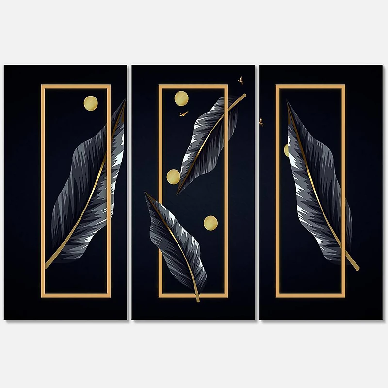 Designart - Black Tropical Leaves With Golden Rectangles