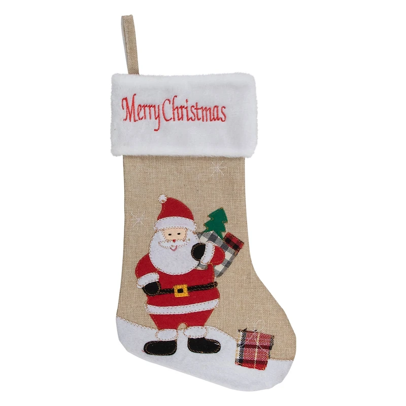 19" Beige & Red Burlap Santa Christmas Stocking