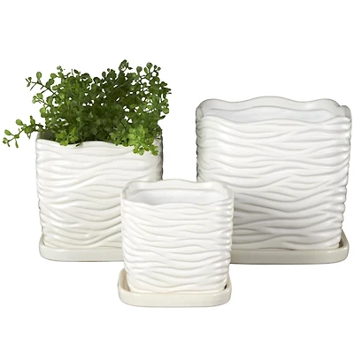 White Wavy Ribbed Ceramic Planter Set