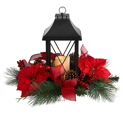 15" Red Poinsettia, Pinecone & Greenery Lantern with LED Candle Artificial Christmas Arrangement