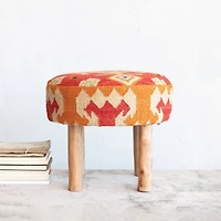 Hello Honey® 24" Round Orange Cotton & Wool Kilim Stool with Natural Wood Legs