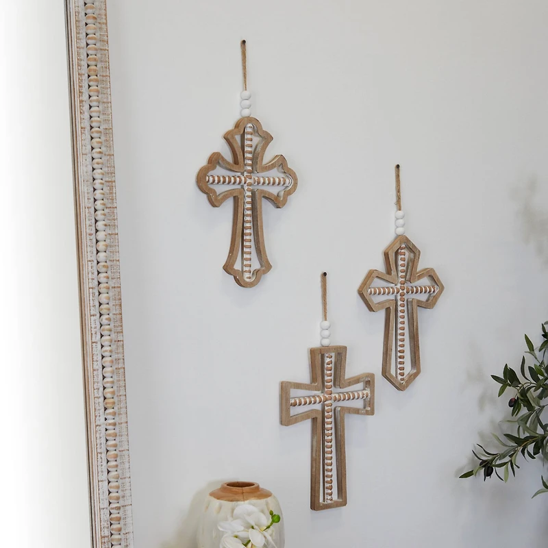 Light Brown Wood Carved Beaded Crosses Biblical Wall Decor with Rope Hanger Set of 3 9", 18"