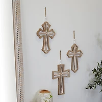 Light Brown Wood Carved Beaded Crosses Biblical Wall Decor with Rope Hanger Set of 3 9", 18"