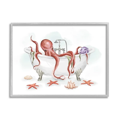 Stupell Industries Red Octopus Nautical Claw Bath Sea Shells in Gray Frame Wall Art