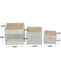 White Metal Laser Cut Metal Decorative Jars with Carved Wood Lids Set