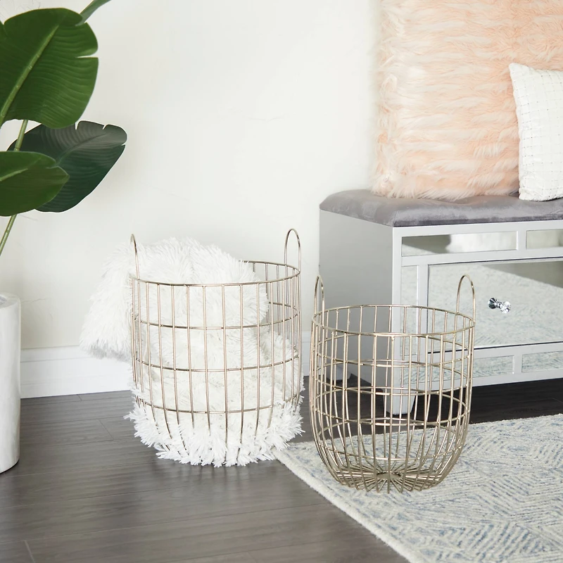 Set of 2 Silver Iron Contemporary Storage Basket, 17" x 13" x 13"