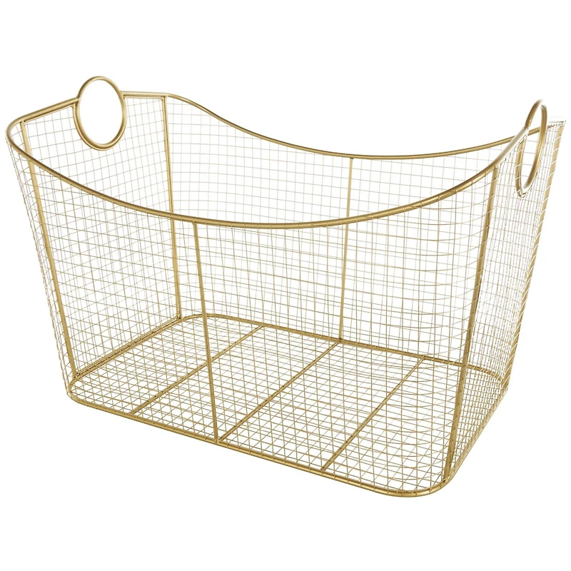 30.25" Gold Metal Geometric Wire Grid Basket with Curved Sides & Ring Handles