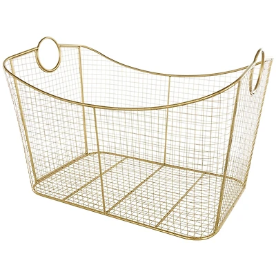 30.25" Gold Metal Geometric Wire Grid Basket with Curved Sides & Ring Handles