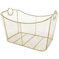30.25" Gold Metal Geometric Wire Grid Basket with Curved Sides & Ring Handles