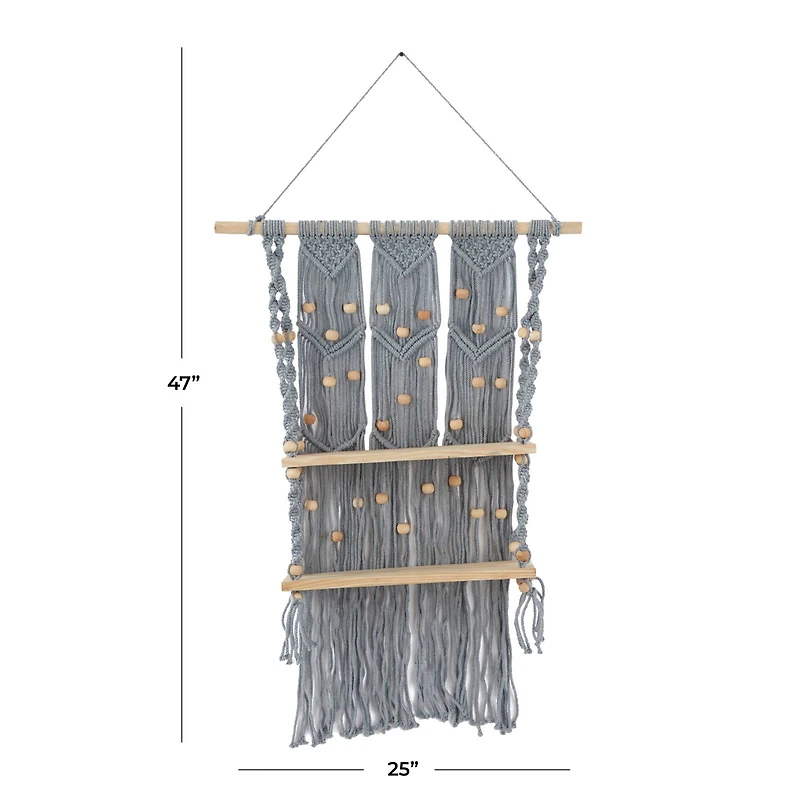 The Novogratz Gray Cotton Handmade 2 Shelves Macrame Wall Shelf 25" x 6" x 47"
