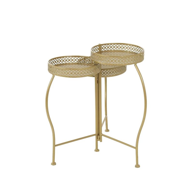 20" Gold Metal Curved Folding 3 Tier Plantstand with Floral & Scroll Patterns