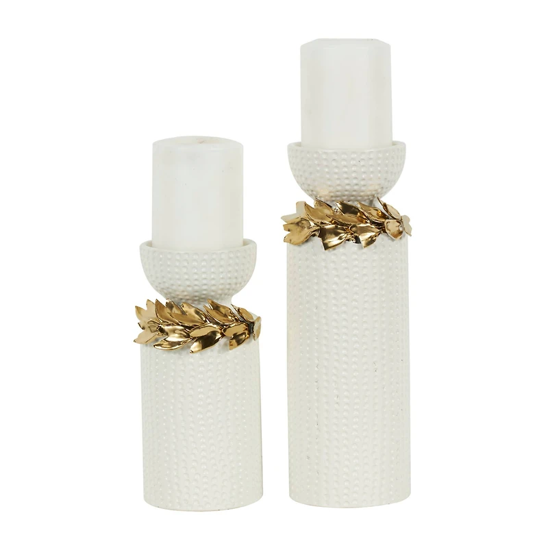 White Abstract Spotted Ceramic Pillar Candle Holder Set with Gold Leaf Accents