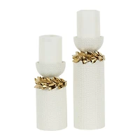 White Abstract Spotted Ceramic Pillar Candle Holder Set with Gold Leaf Accents
