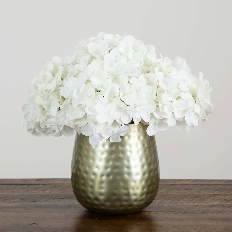 11" White Hydrangea Arrangement in Gold Metal Vase