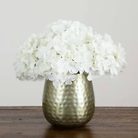 11" White Hydrangea Arrangement in Gold Metal Vase