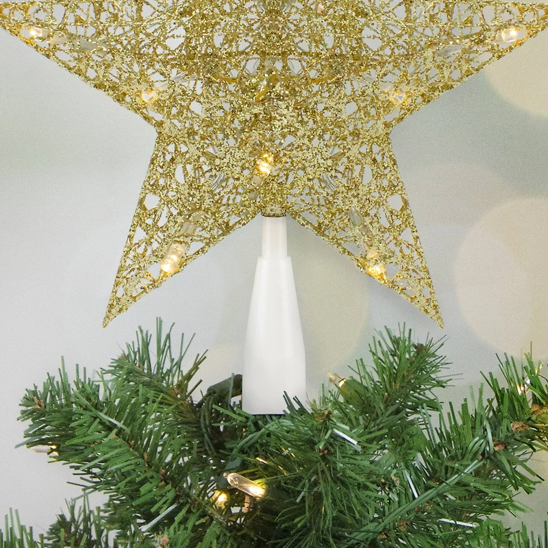 10" LED Lighted Gold Glittered Star Christmas Tree Topper, Warm White Lights