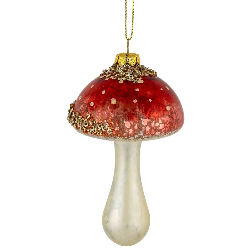 Sequined Mushroom Glass Christmas Ornament - 5" - Red and Gold Finish