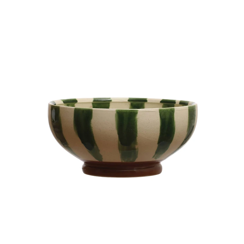 Hello Honey® 10.5" Round Hand-Painted Stoneware Footed Bowl with Stripes & Reactive Glaze