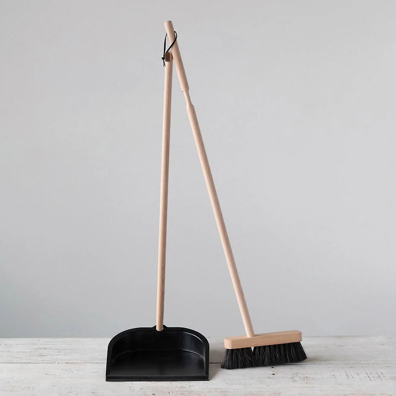 Hello Honey® Natural & Black Beech Wood Broom & Standing Metal Dust Pan Set