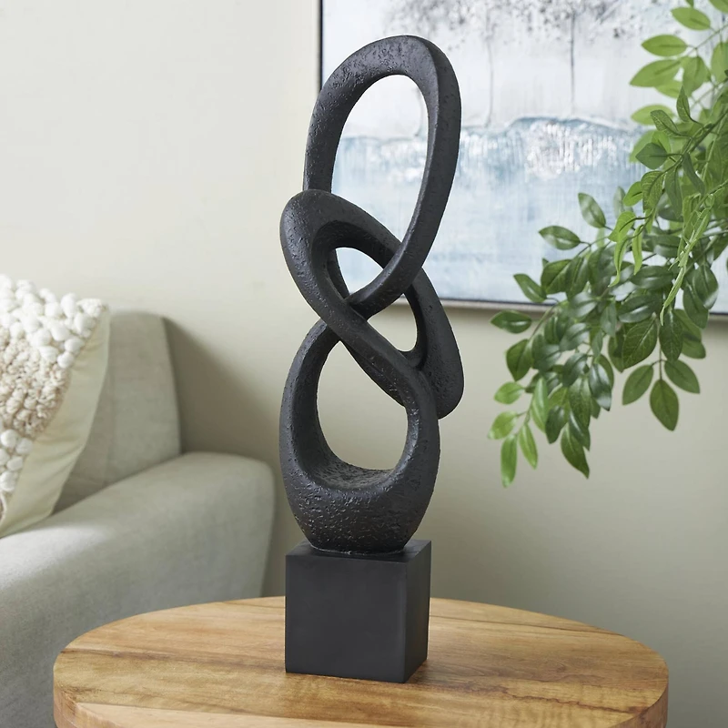 20" Black Polystone Abstract Intertwined Loop Sculpture with Block Base
