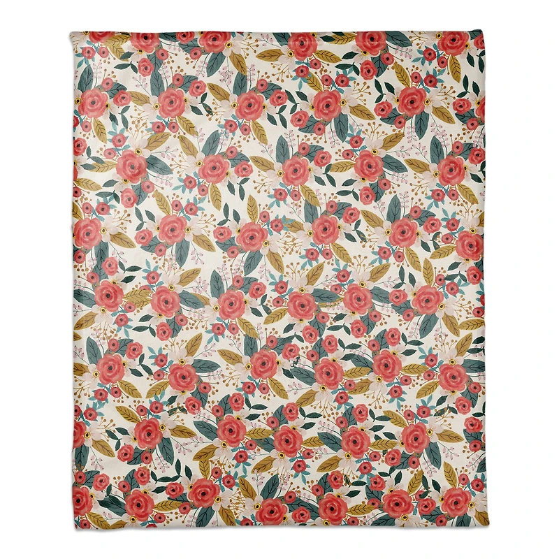 White Throw Blanket with Blush Floral Pattern