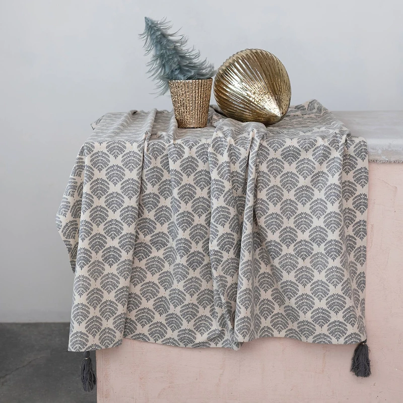 Hello Honey® 84" Gray & Gold Cotton Printed Tablecloth with Leaf Pattern & Tassels