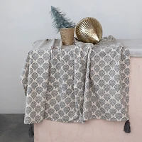 Hello Honey® 84" Gray & Gold Cotton Printed Tablecloth with Leaf Pattern & Tassels