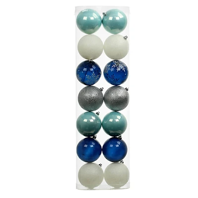 14 Pack 4" Blue & Silver Solid, Glitter & Snowflake Shatterproof Ball Ornaments by Ashland®