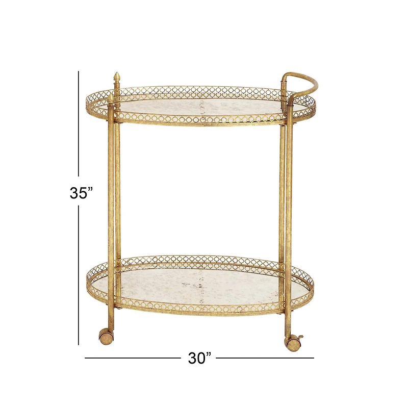 Gold Iron and Glass Traditional Bar Cart, 35" x 30" x 16"