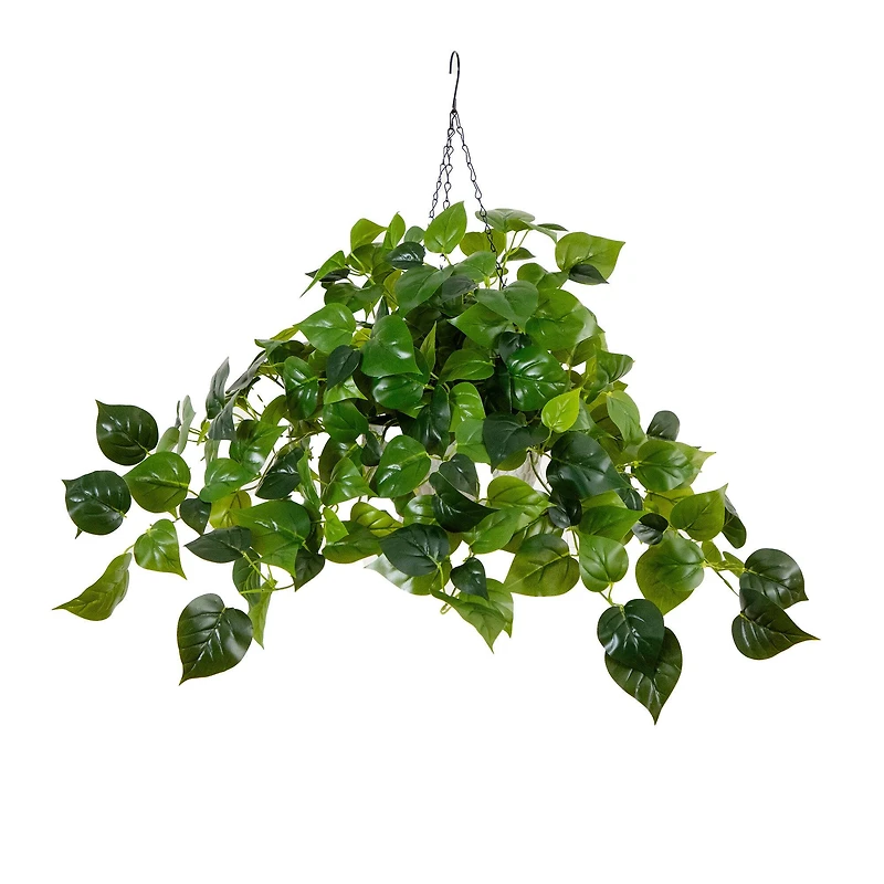 24" UV Resistant Artificial LED Lit Philodendron in White Hanging Basket