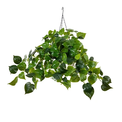 24" UV Resistant Artificial LED Lit Philodendron in White Hanging Basket