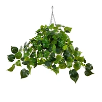 24" UV Resistant Artificial LED Lit Philodendron in White Hanging Basket