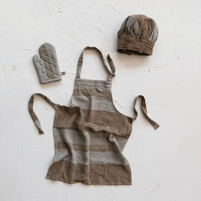 Hello Honey® Beige & Gray Child Apron, Chef Hat & Oven Mitt Set