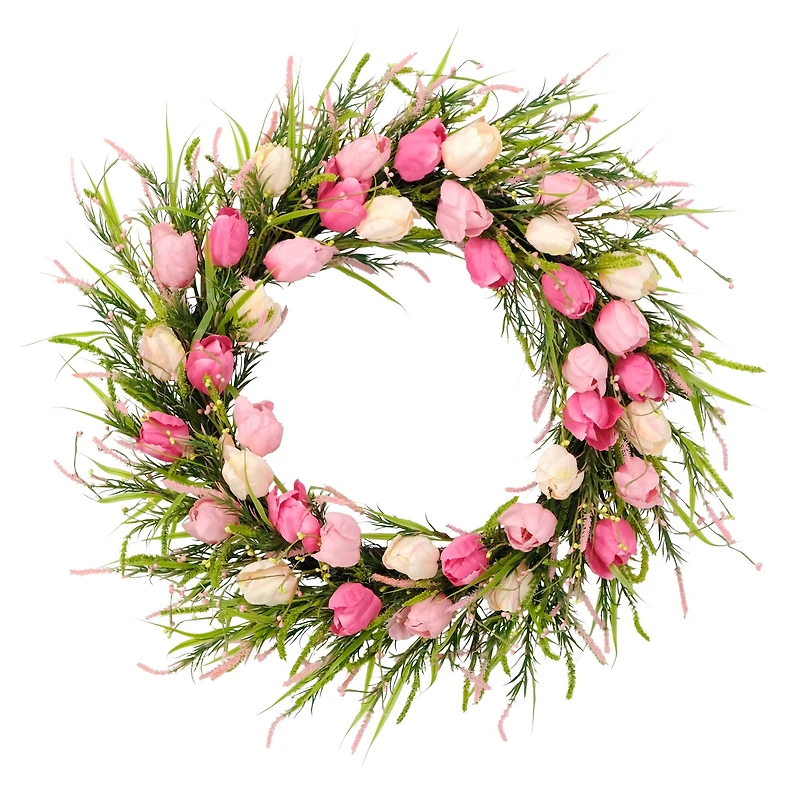 30'' Green and Pink Tulip Floral Spring Wreath