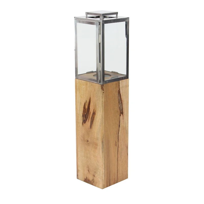Brown Mango Wood Contemporary Candle Holder Lantern, 36" x 9" x 9"
