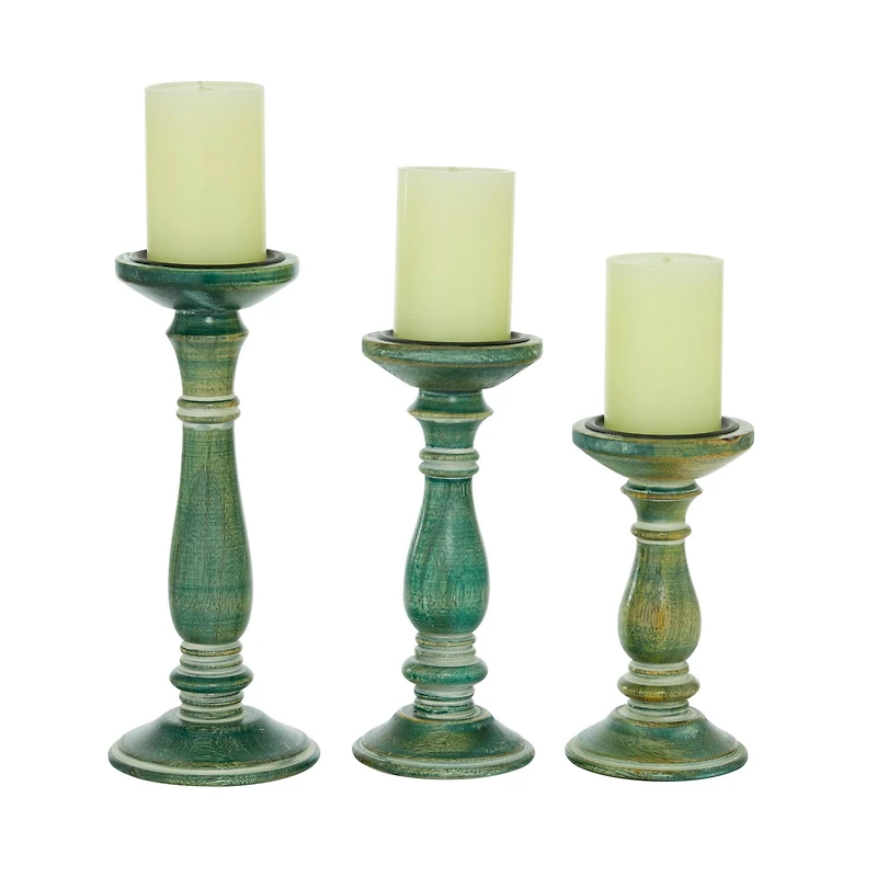Green Mango Wood Farmhouse Pillar Candle Holder Set