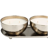 White Wax Vanilla Marshmallow Scented Candle Set with Silver Hammered Containers and Oval Holding Tray