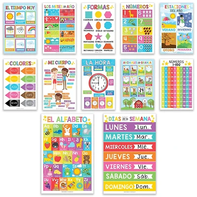 Hadley Designs 11" x 17" Colorful Spanish Preschool Educational Laminated Posters Set
