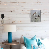 Stupell Industries Pelican Resting on Wooden Pillar Soft Grey Framed Wall Art