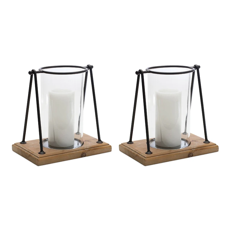 10" Modern Framed Candle Holder with Wood Base Set