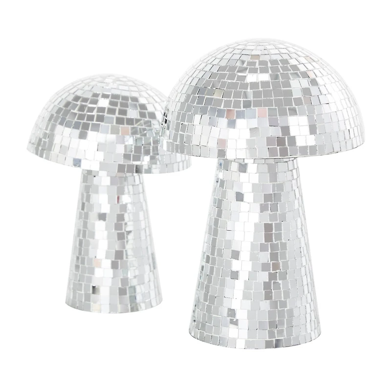 Silver Handmade Glass Mosaic Mushroom Mirror Sculpture Set