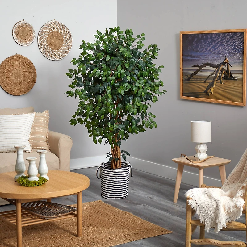 5.5ft. Palace Ficus Artificial Tree in Handmade Black and White Natural Jute and Cotton Planter