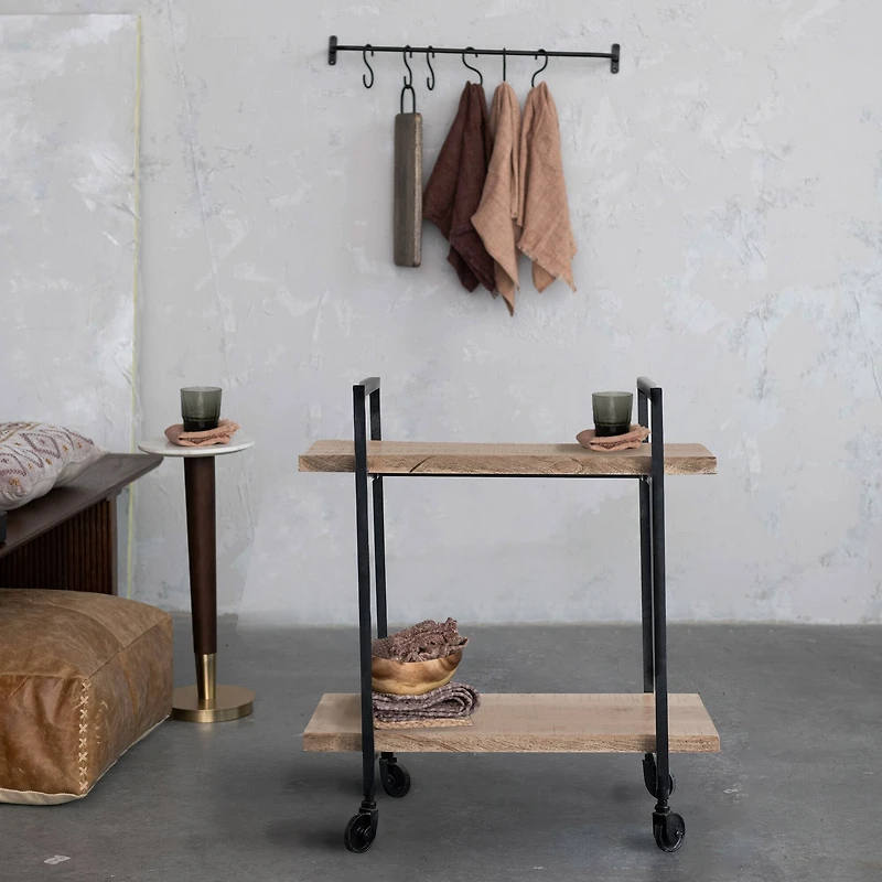 Hello Honey® 30.5" Brown Mango Wood & Black Metal 2-Tier Cart
